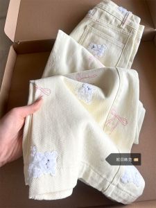 กางเกงยีนส์ทรงหลวมเอวต่ำทรงหลวมสำหรับผู้หญิงในฤดูใบไม้ร่วงปี 2025 ดีไซน์ลายหมีสไตล์เด็กสาว กางเกงขายาวทรงหลวม