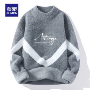 ROMON | Lormen Mens Thickened Woolen Sweater Round Neck Knitted Base Layer Winter Fashion Brand Cable Knit Comfortable Loose Fit Long Sleeve