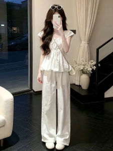 Ge·an·fei | Bộ Áo Blouse Tulip Trắng và Quần Ống Rộng Mùa Hè Cho Nữ