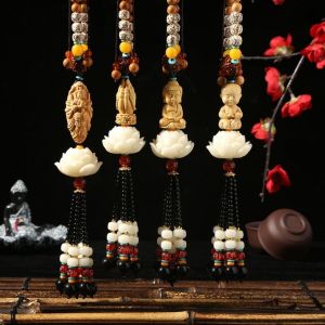 Boxwood Little Buddha Automobile Hanging Ornament Car Interior Hanging Accessories Bodhi Lotus Rearview Mirror High-End Men Guanyin Car Decoration