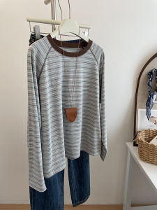 Ningpo Home Vintage Color Block Striped round Neck Shoulder Insert Long Sleeve T-Shirt Womens Loose Casual Base Shirt