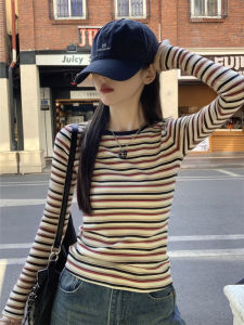 Áo Thun Kẻ Sọc Cổ Tròn Tay Ngắn Ôm Vừa Vặn Phong Cách Mỹ Cổ Điển Dành Cho Nữ Mùa Hè Màu Tương Phản Xuân Thu Mặc Trong