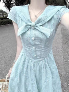 Stunning Doll Collar Summer Dress Womens High Waist A-Line Skirt Short Sleeve Long Dress Beautiful Unique Elegant Fashionable