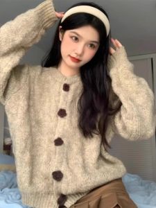 Milk Fufu Soft Glutinous Sweater Outwear Female Fall and Winter New Arrival Loose and Lazy Style Western Style Floral Buckle Knitted Cardigan Top