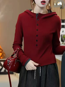 Double-Sided Fleece Hooded Long Sleeve T-Shirt Elastic Warm Base Layer Shirt Winter New Style Commute Style Cotton Blend