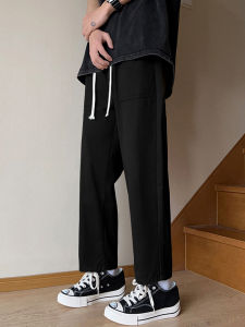 Black Casual Cotton Straight Leg Loose Mens Summer Sporty Wide Leg Pants Trendy Loose Workwear Nine Point Trousers