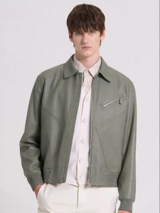 Gray Green Stylish Turn-down Collar Leather Jacket