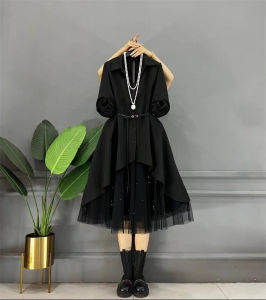 High-End plus Size Fashion Outfit Skirt Womens Plus Size Ladies Elegant Irregularly Slimming Shirt Easy Matching Mesh Two-Piece Overskirt Suit