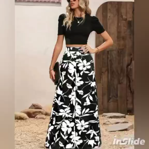 Elegant Floral Print High-Waist Wide-Leg Full Length Pants for Women EE