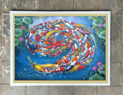 hiasan dinding lukisan cetak ikan koi abstrak plus bingkai ukuran 85*65