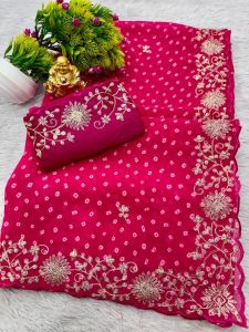 Lovely Bandhani Style Party Collections Saree within Elegant Silver Zari Embroidery Work on Border (Pre-Order: 2/3 Weeks Delivery) HR170725