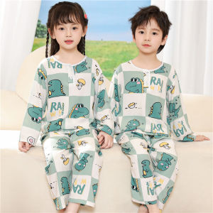 Childrens Cotton Silk Sleepwear Summer Thin Long Sleeve Home Clothes Set Breathable Comfortable Male Female Kids Pajamas