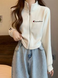 Cute Champion Zipper Short Hoodie Jacket Womens Spring Autumn High Waist Illusory Half High Collar Trendy Top Cotton Blend