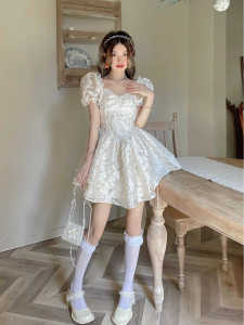 Váy Ngắn Xếp Ly Cổ Vuông Cỡ Lớn Cho Nữ Mùa Hè 2024 Váy Ngắn Xếp Ly Polyester Cạp Cao Tay Ngắn Họa Tiết Hoa