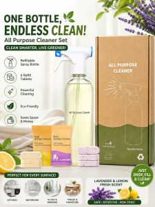 Premium All Purpose Cleaning Tablets with Spray Bottle Package - Eco-Friendly Refillable Lavender & Lemon Scent Safe & Effective Non-Toxic Saves Space & Money Perfect for Every Surface