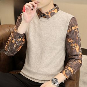 HENGYUANXIANG | เสื้อสเวตเตอร์คอโปโลลายดอกไม้แฟชั่นสไตล์ใหม่ 2025 เสื้อชั้นในถักแบบลำลอง แขนยาว ทรงหลวม สำหรับผู้ชาย