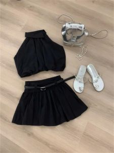 Fashionable Summer Two-Piece Set for Women Black Strapless Crewneck Top and Short Skirt Ideal for Young Girls Age 18-25