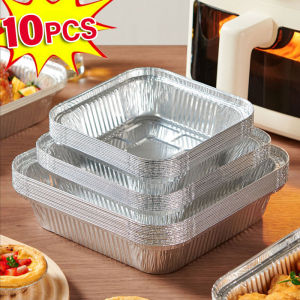 YESPERY 10Pcs Disposable Square Air Fryer Aluminum Foil Pan Oven BBQ Tray Food Containers Kitchen Supplies Lunch Boxes Kitchen Gadget 7/8/9 inches