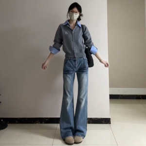 กางเกงยีนส์ทรงหลวมเอวต่ำสไตล์ย้อนยุคสีน้ำเงิน กางเกงขายาวทรงหลวมสำหรับผู้หญิงสูง 175 ซม.