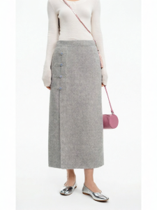 Wool Blend Double-faced Twill Two-color Chinese Style Clasp Midi Skirt