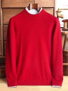 ROMON | Loose Fit Round Neck Knitwear Red Color Mens Fashion City Style Winter Sweater Long Sleeve Thermal Comfortable Casual Wear