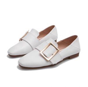 Soft Leather Pearl Buckle Flat Bottom Slip-On Womens Shoes Spring Autumn Season Genuine Leather Fashionable Versatile Bean Shoes