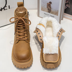 รองเท้าบูทหิมะหนังแท้สำหรับผู้หญิง ฤดูหนาว 2025 รองเท้าบูทมาร์ตินหนาแบบใหม่ รองเท้าบูทกันน้ำ รองเท้าบูทหนังไนลอนหนาสำหรับผู้หญิง