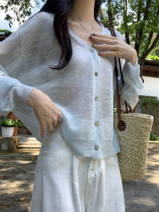 น้ำหนักเบา ป้องกันแสงแดดถัก คาร์ดิเกน แจ๊กเก็ตพร้อม สายคล้อง เดรส ผ้าฝ้าย ผ้าลินิน หลวม คอวี Poncho ปิดปุ่มเดียว