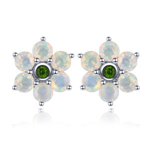 Real 1.2 Carats Silver Earrings 925 Silver Natural Opal Chrome Diopside Stud Earring Opal Birthstone Earring For Women Jewelry Wedding Gift