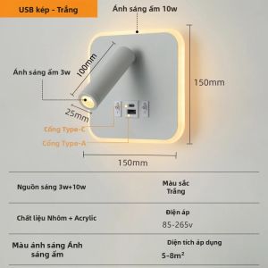 Đèn Tường LED Xoay Được Với Cổng Sạc USB Type-C Đèn Nền Tạo Không Khí Đèn Đọc Sách Đầu Giường Cho Phòng Ngủ Khách Sạn Thân Đèn Bằng Sắt Kiểu Dáng Hiện Đại