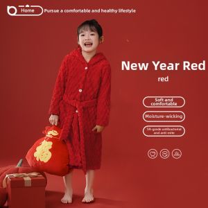 batubatu | Thickened Fleece Flannel Children Hooded Bathrobe Red