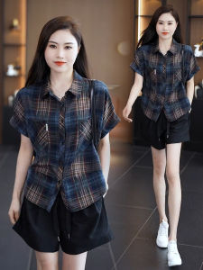 Slimming Plaid Shirt Womens Summer New Loose Belly Covering Casual Top Anti-Aging Thin Model Checkered Shirt Polo Collar Short Sleeve
