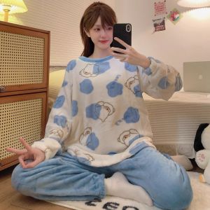 Thickened Coral Fleece Sleepwear Womens Autumn Winter Plush Cartoon Cute Hello Kitty Loose Home Clothes Set Long Sleeve round Neck