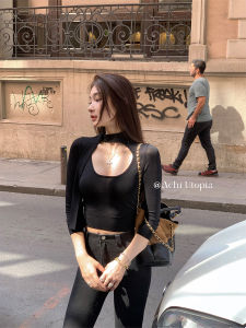 Achi Black Knitted Base Shirt Womens Slim Fit Waist Cinched Short Sleeve Draped Collar Inner Wear Top Fashionable Elegant