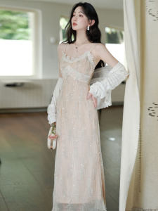 French Gentle Style Open Cardigan Strap Dress Two-Piece Set Summer V-Neck Slim Fit Long Skirt Soft Linen Material Party Dress