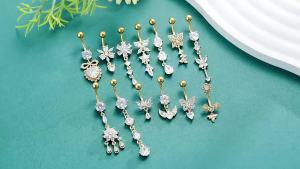 1pc Long Dangled Belly Button Ring 4-Crystals Pendant Belly Piercing Ombligo Body Jewelry 14G Butterfly Heart Navel Rings Women