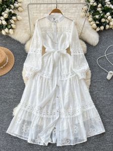 Váy Dài Xếp Ly Thêu Cạp Cao Phong Cách Cung Đình Kiểu Pháp Cho Nữ Mùa Thu Đông 2024 Váy Midi Dài Xếp Ly Một Nút