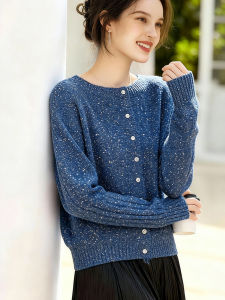 SHUAIYUE | Áo Cardigan Len Dệt Kim Phong Cách Thư Giãn Cổ Tròn Tay Dài Nút Đơn Họa Tiết Chấm Bi