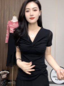 Elegant Black Short Sleeve T-Shirt Womens Summer Thin Mesh Slim Fit V-Neck Top Fashionable Inner Wear Commute Style Polyester Blend
