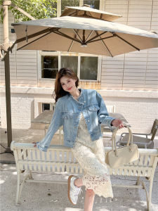 Spring 2025 Womens Denim Short Jacket Loose Fit round Neck Single Button Versatile Casual Style Long Sleeve Solid Color Top