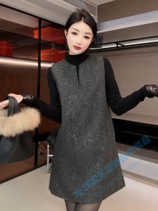 Slimming Mid-Length Vest Dress round Neck Sleeveless Commute Fashion Womens Style Knitted A-Line Skirt Short Dress