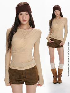 Áo Thun Dài Tay Xếp Ly Cổ Tròn Cho Nữ Mùa Xuân Hè Mới Ôm Vừa Vặn Thon Gọn Áo Lót Thiết Kế Đa Năng Thời Trang