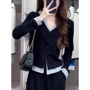 Elegant Unique Black V-Neck Faux Two-Piece Long Sleeve T-shirt