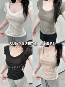 Áo Thun Tay Ngắn Cổ Chữ U Hở Lưng Ôm Vừa Vặn Áo Thun Nữ Mùa Hè Thoáng Khí Thấm Hút Mồ Hôi Dáng Rộng Dài Thường Ngày