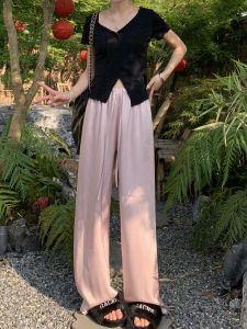 Pink High Waist Wide Leg Pants Womens Summer Thin Acetate Spring Autumn New Style Chinese Style Satin Sport Pants