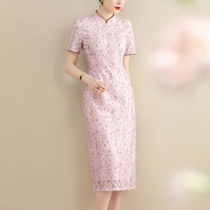 Elegant Lace Qipao Dress New Chinese Style Summer New Arrival Polyester Fiber Zipper Closure Short Sleeve Slim Fit City Commute