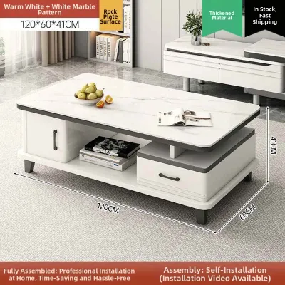 TENGYAGAO | Luxury Rock Panel Compact Storage Glass Top Coffee Table