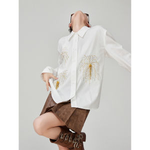 Elegant Embroidered Long Sleeve Shirt Womens Loose Fit Spring 2025 Stylish Top Layering Piece Simple Commute Polyester Fiber