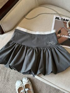 Gray Sporty Bloomer Skirt Womens Sweet Cool Short A-Line Half-length Puffy Butterfly-knot Slimming Skirts Korean Style