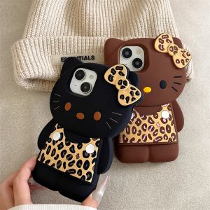 Sanrio | 3D Cartoon Leopard Hello Kitty Silicone Phone Case For iPhone 17 13 14 15 16 Pro Max